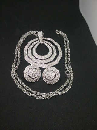 Vintage Mcm Trifari Silvertone Pendant And Earrings Set