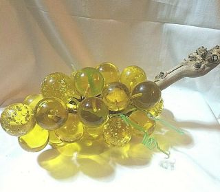 Vintage Bright Yellow Lucite Acrylic Grapes On Wood Stem - W/ Sparkles