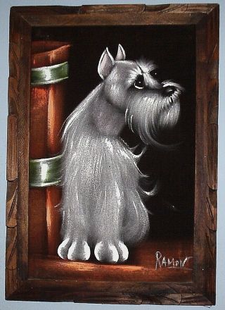 Painting On Velvet Dog Schnauzer Or Westie Terrier? Made In Mexico Signed Ramon