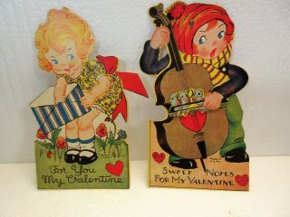 2 Vintage Mechanical Valentine Cards,  Usa - Boy/cello & Girl/heart Envelope