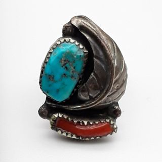 Navajo Vintag Sterling Silver Red Coral & Turquoise Feather Ring 6.  5 - 7