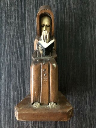 Vintage Wooden Carved Monk Priest Reading Book Bible Folk Art Statue