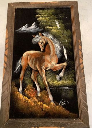 Vintage 1971 Horse Black Velvet Painting Signed In Wood Frame From Mexico