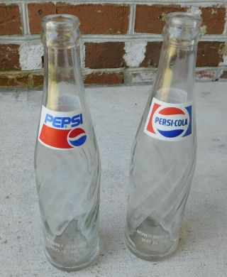 Vintage Set Of 2 Pepsi Cola 10 Oz Return For Deposit Money Back Glass Bottles