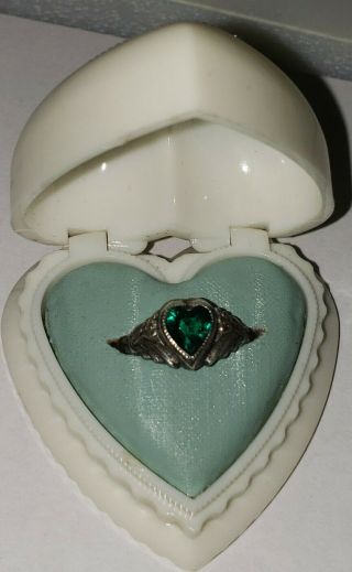 Baby Ring Sterling Silver,  Emerald Green,  Size 2 - 3/4,  Marked And Signed,  Vintage
