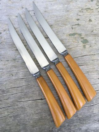 Vintage Set 4 - 9” Butterscotch Bakelite Handle Steak Knives Stainless Steel