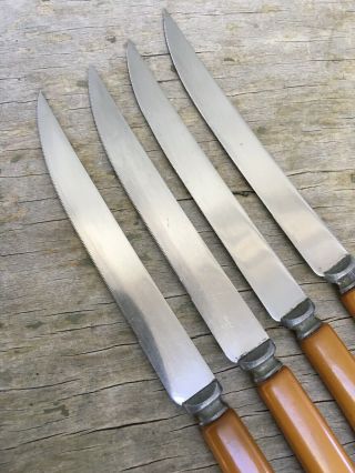 Vintage SET 4 - 9” Butterscotch Bakelite Handle Steak Knives Stainless Steel 2
