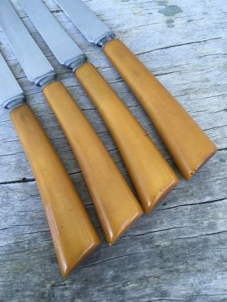 Vintage SET 4 - 9” Butterscotch Bakelite Handle Steak Knives Stainless Steel 3