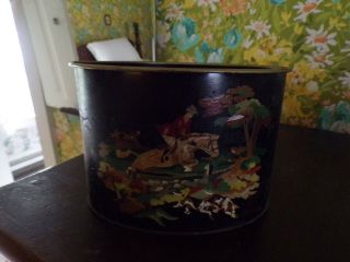 Vtg Small Metal Tin With Painted Fox Hunting Scene