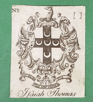 Isaiah Thomas Bookplate Engraved And Printed By Paul Revere.  Pre 1800