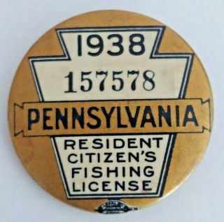 Vintage 1938 Pa Pennsylvania Resident Fishing License Button Pin With Paper