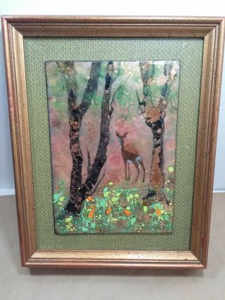 Exceptional vintage MCM framed Enamel on Copper wall art painting 2