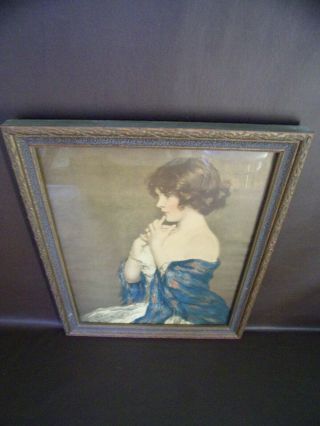 Vintage Framed Print Young Lady In Blue Artist Unknown