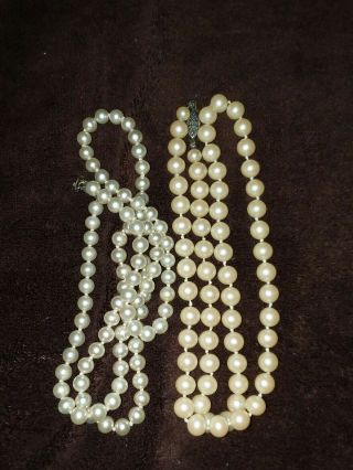 2 Vintage Pearl Beaded Knotted Strand Necklace Sterling Silver.  925 Clasp