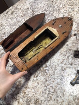 Antique Vintage 2 Japan Wooden Toy Boat w/ Broken Motor 3