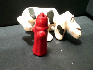 Vintage Pottery Pair Figurines Hound Dog Peeing On Red Fire Hydrant Ornaments