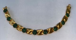 Vintage Signed Crown Trifari Green Rhinestone Gold Tone Satin Ribbon Bracelet