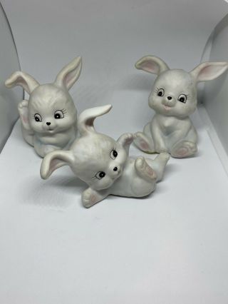 Set Of 3 Vintage Bisque Porcelain Homco 1982 Bunnies Rabbits Figurines 1458