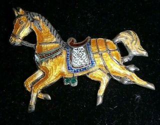 Siam Sterling Silver Enamel Horse Pin Brooch Gold W/blue Trim Vintage