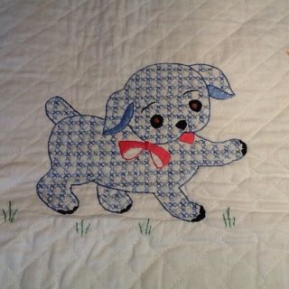 Vintage Partially Embroidered Cat Dog Baby Blanket Quilt Printed Cross Stitch