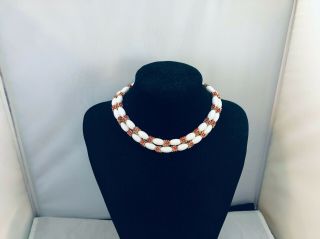 Vtg.  Crown Trifari Red Enamel & White Lucite 2 - Strand Necklace