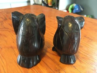 Mid - Century Modern Set Of 2 Dark Wood Carved OWL FIGURES.  2 1/5”.  Vintage.  Retro 3