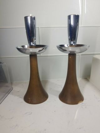 Vintage Set Of 2 Mid Century Modern Wood And Chrome Atomic Candle Holders