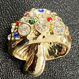 Vintage Brooch Pin Small Gold Tone Mushroom Colorful Crystal Rhinestones