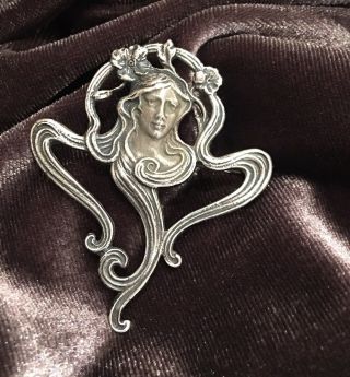 Large Vintage Art Nouveau Sterling Silver Woman Goddess Brooch Pin Flowing Hair