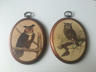 (2) Vintage Small Wooden Owl Wall Plaques Hangings