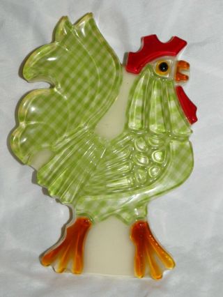 Wondermold Acrylic Rooster,  Resin Or Lucite Mid Century Wall Art,  Green Gingham