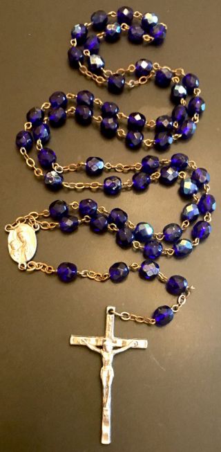 Vintage Catholic Iridescent Blue Crystal 5 Decade Rosary,  Silver Tone Crucifix