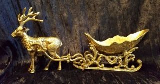 Vintage Gorgeous Solid Brass Reindeer & Sleigh 10 " Long Candy Dish Euc