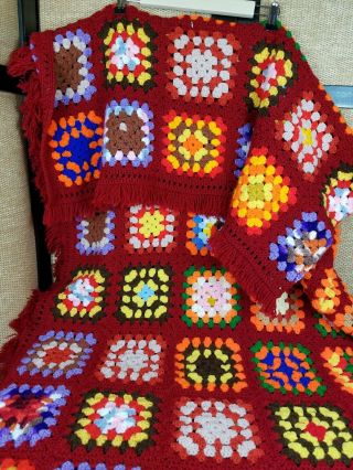 Vtg 80”×70 " Handmade Crochet Granny Square Afghan Blanket Throw Multicolored