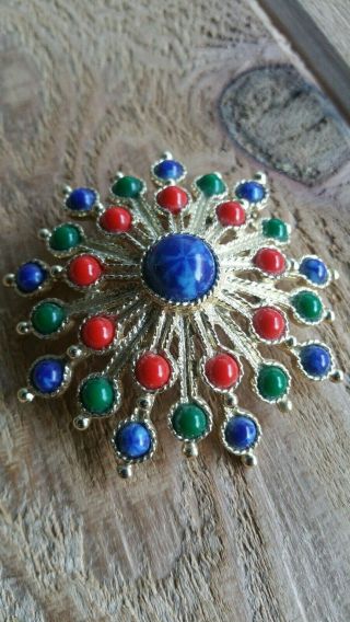 Vtg Estate Sarah Coventry Pin Brooch Carnival Red Green Blue Bead Cabochons