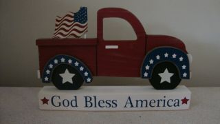 Patriotic Americana July 4th Vintage Red Truck Shelf Table Wood Sign