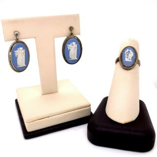 Vtg Estate Wedgwood Sterling Silver Screw Back Earrings & Size 6 Ring Set Box 66