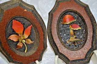 Mid Century Modern Metal And Wood Wall Art Placques,  Flowers And Mushrooms