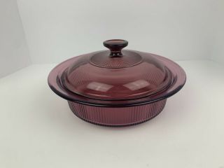 Vintage Corning Pyrex Vision Cranberry Round Casserole Dish,  Matching Lid 1.  5l