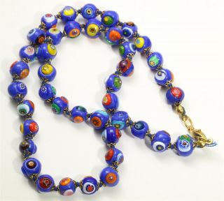 Vintage Venetian Murano Hand Knotted Blue Millefiori Art Glass Bead Necklace