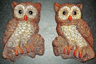 Vintage Set Of 2 Owls Painted Molded Foam Wall Hangings Pair 70 