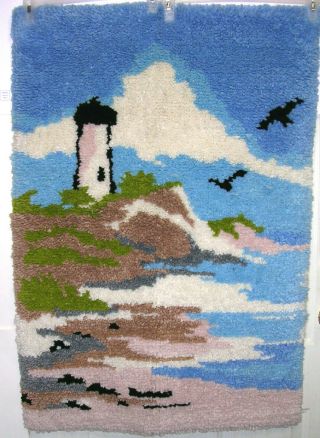 Lighthouse Latch Hook Rug Vtg Wall Hanging Finished Beach House Decor 37 " X 26 "