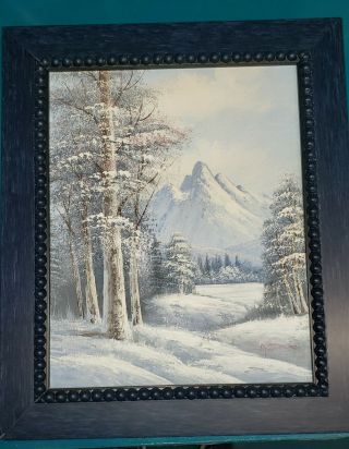 Vtg Oil Painting By Antonio Winter Mountain Forest Tree Snow Scene Approx 10.