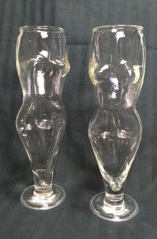 Vintage Novelty Risque Naughty Figural Nude Woman Glass Pair - Beer Glass Set