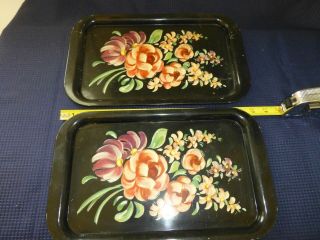 Set Of 2 Vintage Metal Tin Trays Black With Floral Pattern 14.  25 X 8.  25 Inch