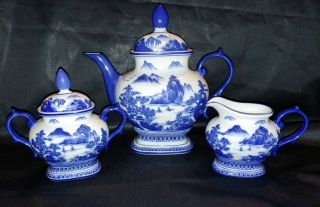 Vintage Bombay Cobalt Blue White Tea Set Teapot,  Cream And Sugar Mountain Scene