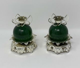 Vintage Pair Mcm Mid Century Modern Green Glitter Lucite Candle Holders