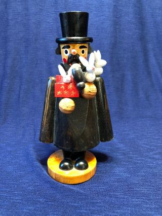 Vintage Standing Magician Incense Burner Smoker Man With Bunnies Wooden 6.  5 " T