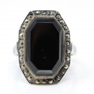Art Deco Vintage Sterling Silver Black Onyx & Marcasite Ring (size 6.  75)