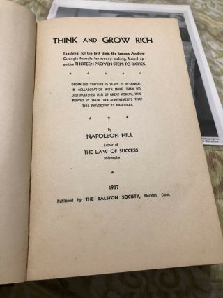 THINK AND GROW RICH NAPOLEON HILL 1ST EDITION 1ST PRINTING SIGNED BOOKPLATE 6